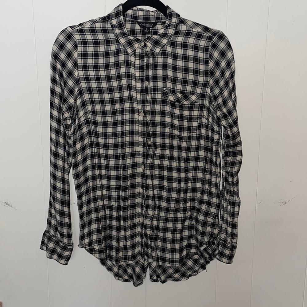 Lucky Brand Plaid Flannel Long Sleeve Button Front Top Cream Black